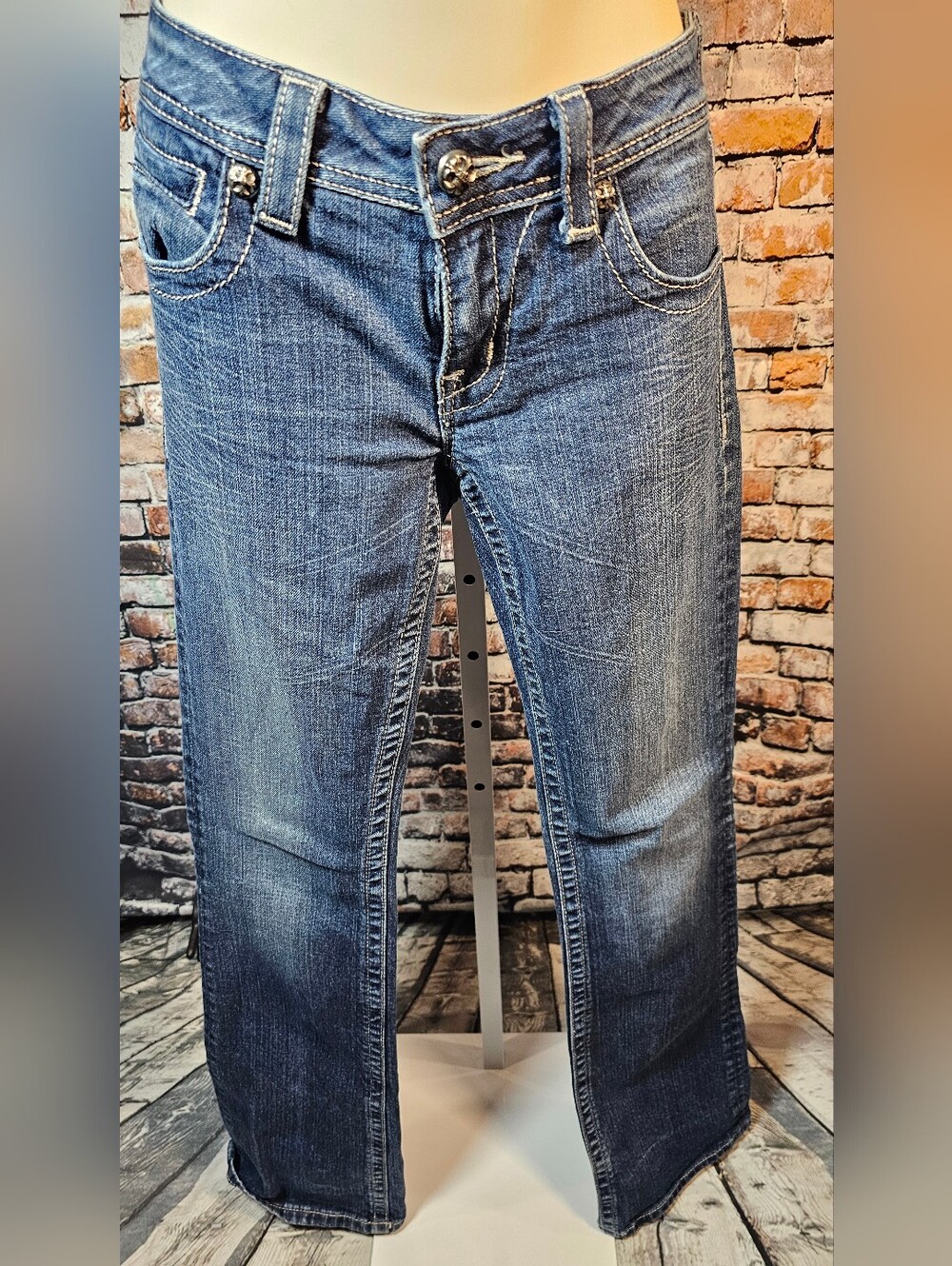 Miss Me JP5163 Boot Cut Jeans Size 28 Blue Wash Embroidered Wing Pocket Stretch